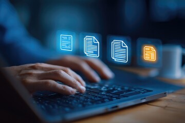 Hands typing on laptop, document icons overlay