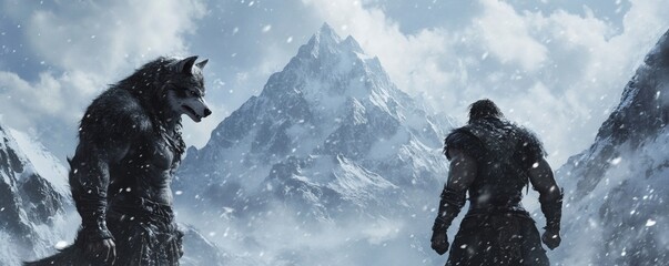 Winter figures stand against a snowy mountain range.