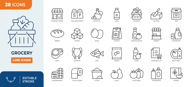 Grocery line editable icon set. Containing milk, eggs, bread, butter, flour, cereals, snacks, detergent, and more. Editable stroke. Vector illustration