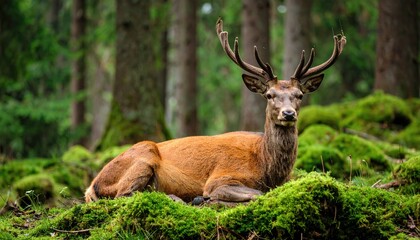 Majestic deer resting in a mossy forest