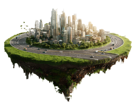 A floating island with a cityscape, roads, and grass on a transparent background PNG