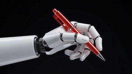 Robotic hand holding red pen representing ai in creative writing and automation