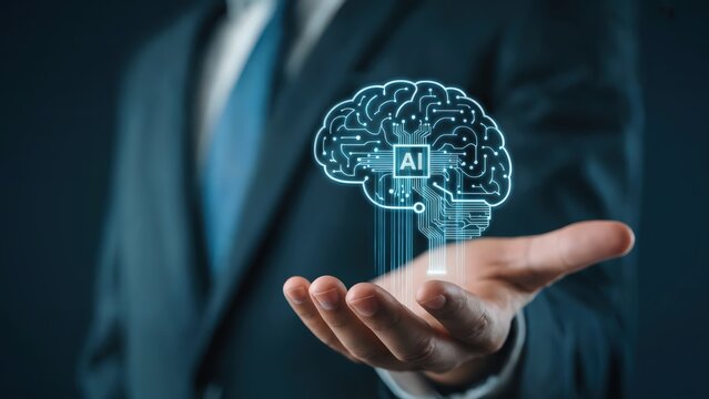 Businessman holds a digital brain representing artificial intelligence, technology and innovation. - Powered by Adobe