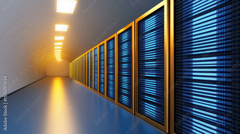 Poster Futuristic Data Center Interior with Bright Lights and Rows of Server Racks Illuminating a Modern Storage Environment