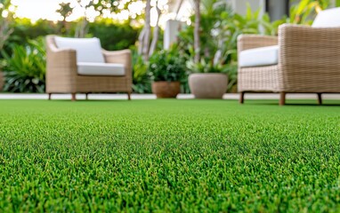Vivid green artificial grass in modern backyard garden