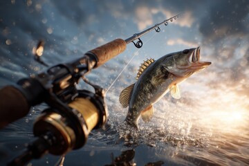 Fishing excitement with a luxury rod as a bass breaks the water's surface at sunset near a serene lake