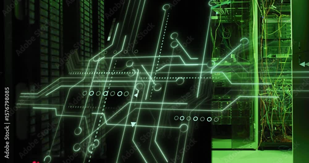 Poster green circuit overlay emerging over server hardware, shifting and rotating to visualize data flow