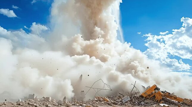 A construction building erupts mid-air, hurling debris and dust 