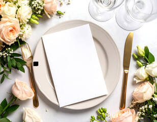 Elegant blank menu card mockup surrounded by vibrant wedding flowers