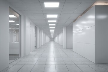 Modern open space office corridor with bright lighting and mock up wall featuring a clean, minimalistic design perfect for creative projects