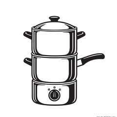 Black and white illustration of a steaming pot kitchenware cooking