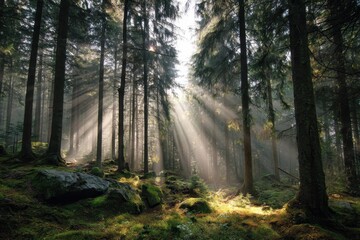 Fototapeta premium Sunbeams illuminate a tranquil forest setting filled with lush greenery and rocks during early morning hours