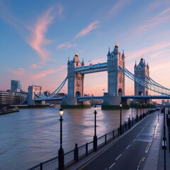 Naklejka premium A high-resolution, realistic image of Tower Bridge in London at dawn. The sky is painted in soft blues and pinks, and the Thames River is calm with subtle reflections of the bridge. The streets and si