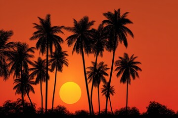 Naklejka premium Silhouette of palm trees against a vibrant tropical sunrise showcasing an enchanting blend of colors in the early morning sky