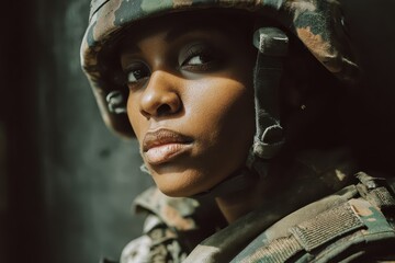 Young black woman in military uniform showcases strength and determination in a focused portrait taken in an urban setting
