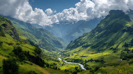 Fototapeta premium Majestic Mountain Valley Panorama with Wildflowers and a Winding River