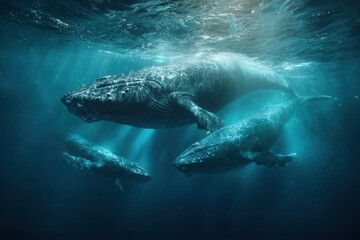 Sperm whales swim gracefully underwater in a serene ocean environment featuring clear blue light rays