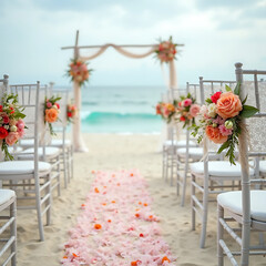Fototapeta premium Beautiful wedding decoration on the beach features white chairs adorned with lace and flowers, creating a romantic setting by the water