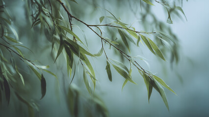 Close up of willow tree leaves blowing in a breeze on a rainy day
