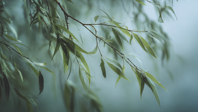 Close up of willow tree leaves blowing in a breeze on a rainy day