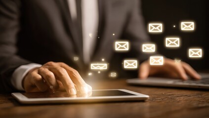 Businessman using tablet, email icons overlay