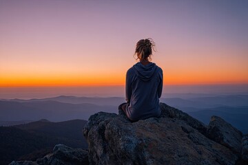 Silhouette of a person meditating at dusk on a mountain peak dramatic backlighting from the setting sun vibrant