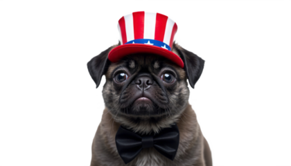 A cute patriotic pug dog wearing a bow tie and a Fourth of July hat