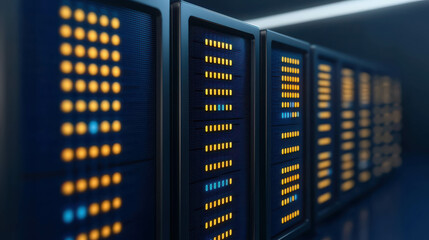 Fototapeta premium Modern data center with illuminated server racks showcasing advanced technology and efficient data processing systems in a high-tech environment