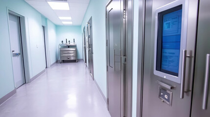 Modern hospital corridor with medical equipment and advanced technology, showcasing clean design and efficient healthcare environment for patients and staff