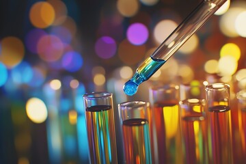 A close-up of test tubes filled with colorful liquid, being agitated by an extremely small drop of blue liquid on the tip of one pipette tube. The background is a blurred laboratory setting
