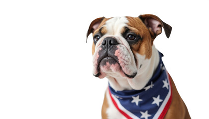 Adorable English Bulldog Wearing Patriotic Bandana Against Black Background