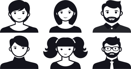 Six Simple Black and White Profile Icons of Men and Women