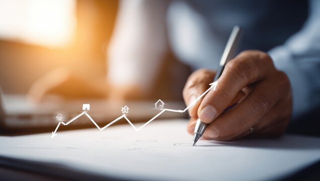 Close-up of hand writing over a graph with upward trend, home icons, and blurred laptop