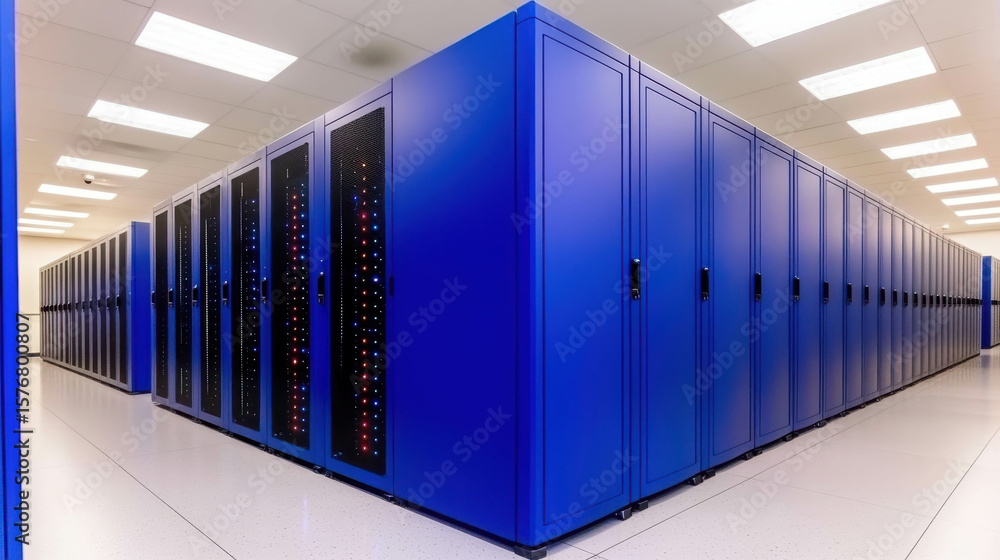 Poster modern data center featuring rows of blue server cabinets with blinking lights in a brightly lit env
