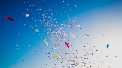 Colorful confetti falling in blue sky during celebration or festive party event  
