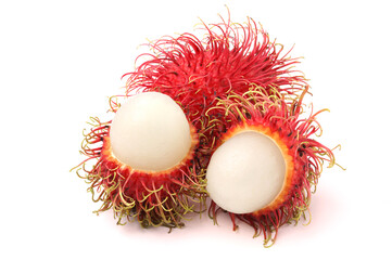 Fresh rambutan cut open to reveal fresh white rambutan flesh. isolated on white background.