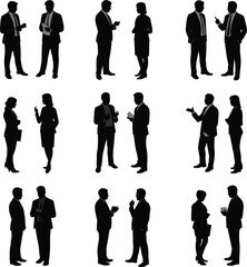 Silhouettes of businesspeople in pairs having conversations, formal office interaction, teamwork and collaboration concept, isolated on white background