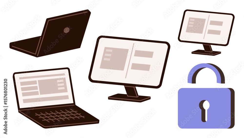 Poster multiple laptops and monitors displaying files alongside a secure lock. ideal for technology, data s