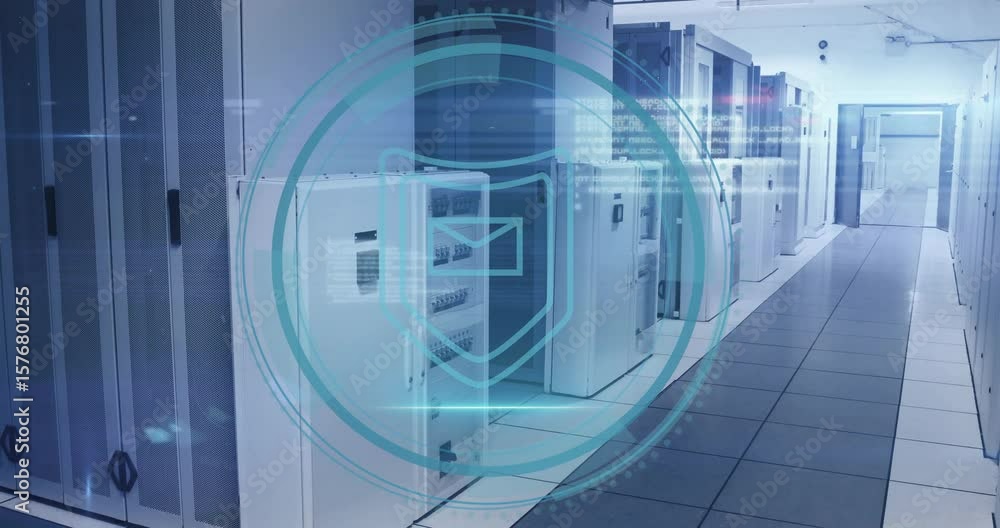 Poster data corridor hosting drifting flares fading cyber security text pulsing circles scanning shield