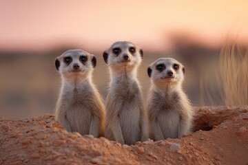 Fototapeta premium Three meerkats perched together at the entrance of their burrow bathed in the gentle pastel light of a desert