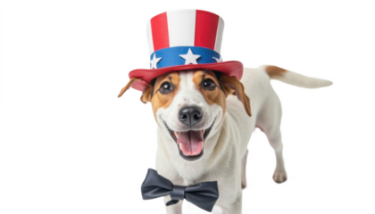 Smiling patriotic dog wearing a hat and bowtie celebrating Independence Day holiday