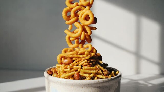 crispy Nimko snack mix falling down in a bowl slow motion.ai 