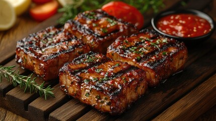 Grilled pork loin chops are beautifully glazed and garnished with parsley. Shows food ads, restaurant menus, and culinary blog posts.