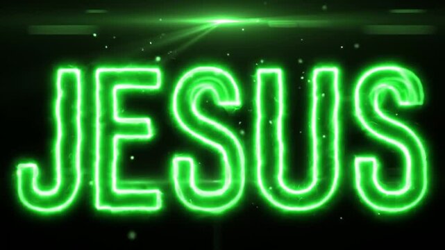 Animated Glowing Green Jesus Text with Sparkle Effects on Black Background