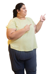 Plus size indian woman point finger empty space promotion. Chubby overweight lady look here pose. Fat female showing copy space. for advertisement