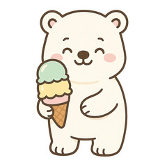 Obraz premium Isolate transparent kawaii polar bear with ice cream, cartoon polar bear holding ice cream in kawaii style, cute polar bear eating ice cream PNG die-cut for advertising