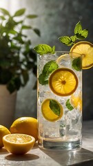 Refreshing Lemonade with Mint
Iced Drink on Wooden Table
Fresh Citrus Beverage
Summer Cooling Deligh
