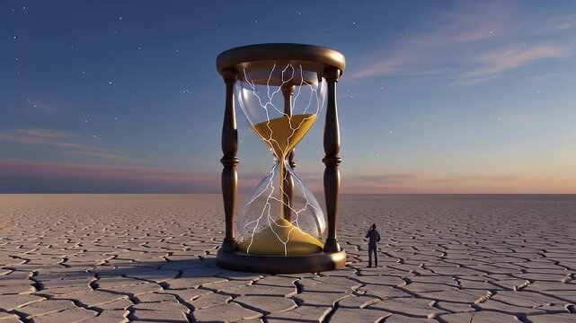 Cracked Hourglass in Desolate Landscape
