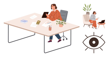 Woman using a tablet at a clean desk with papers, books, and plants. Side view of seated reading and eye graphic. Ideal for productivity, focus, organization, workplace, multitasking self-care