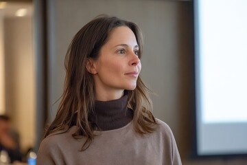 Woman in a turtleneck presenting at a seminar overhead fill casting even light across face and darkened audience
